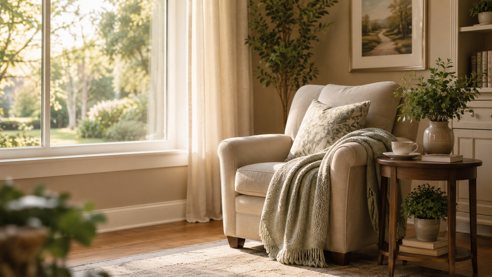 Sunlit reading nook with a cozy armchair, throw blanket, and view of the garden